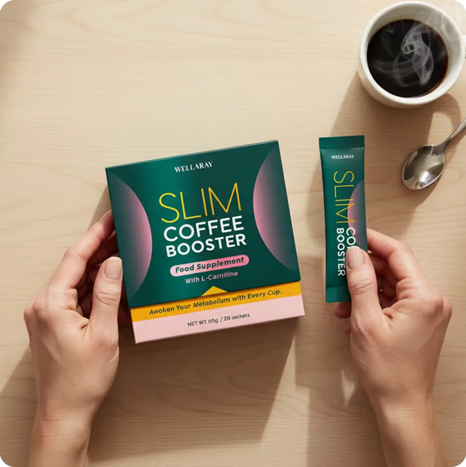 Slim Coffee Booster-eske, stick og kaffekopp fotografert ovenfra