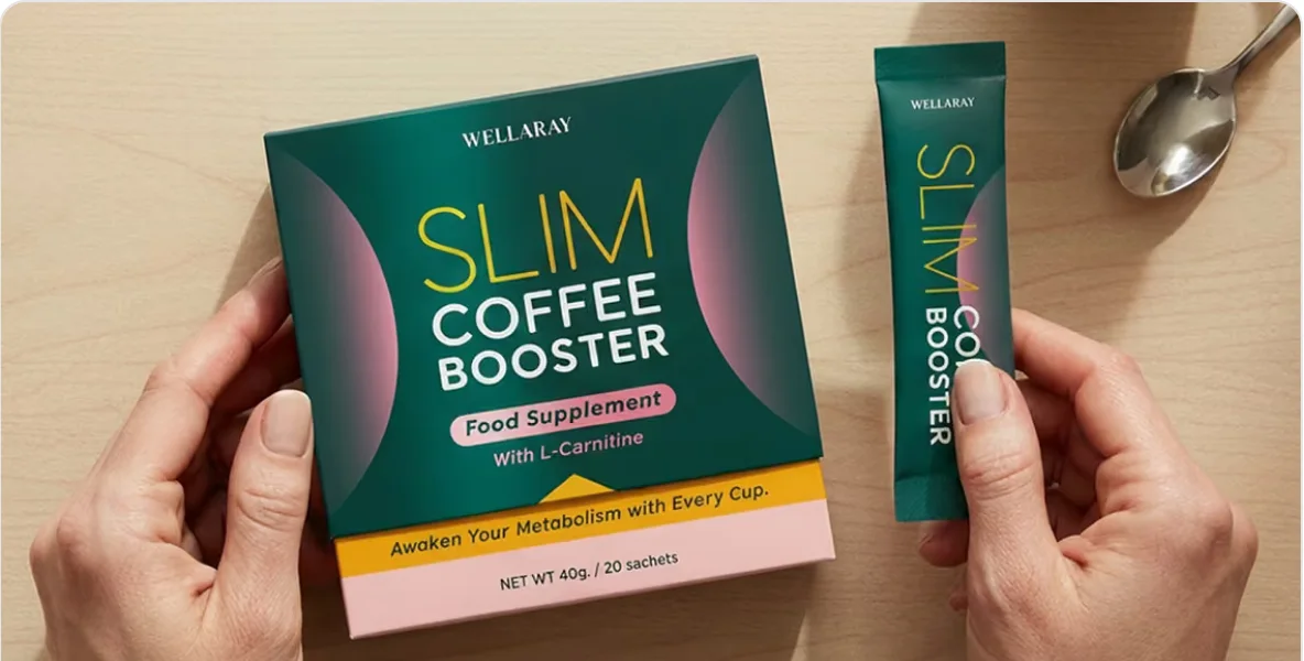 Wellaray Slim Coffee Booster-eske med porsjonsstick og skje på et trebord